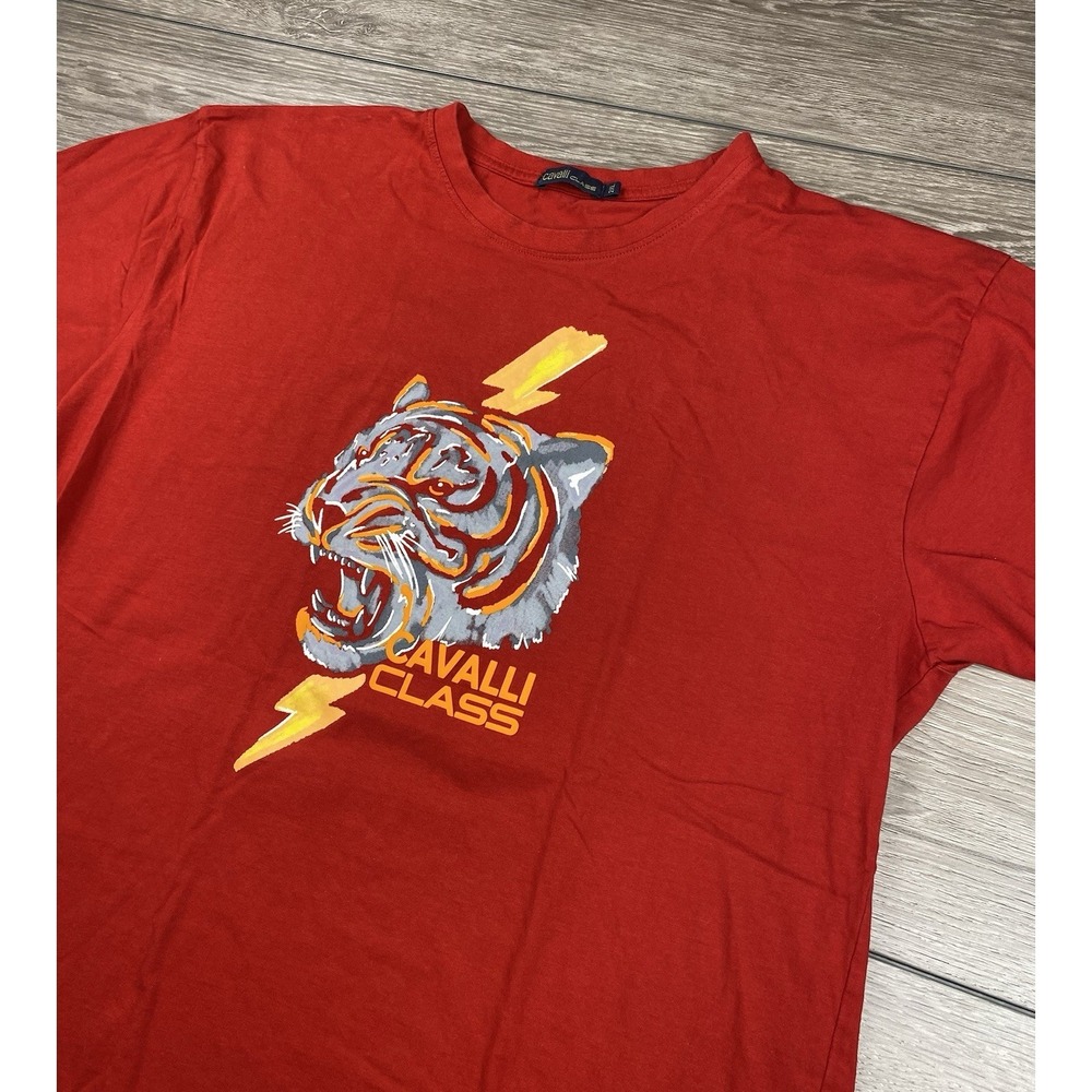 Cavalli Class Men's Short Sleeve Tiger Head‎ Lighting Graphic T Shirt Red 2XL
